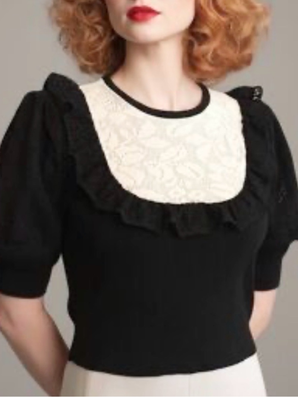 Zara Black Knit Top with Cream Lace Bib and Ruffle Trim